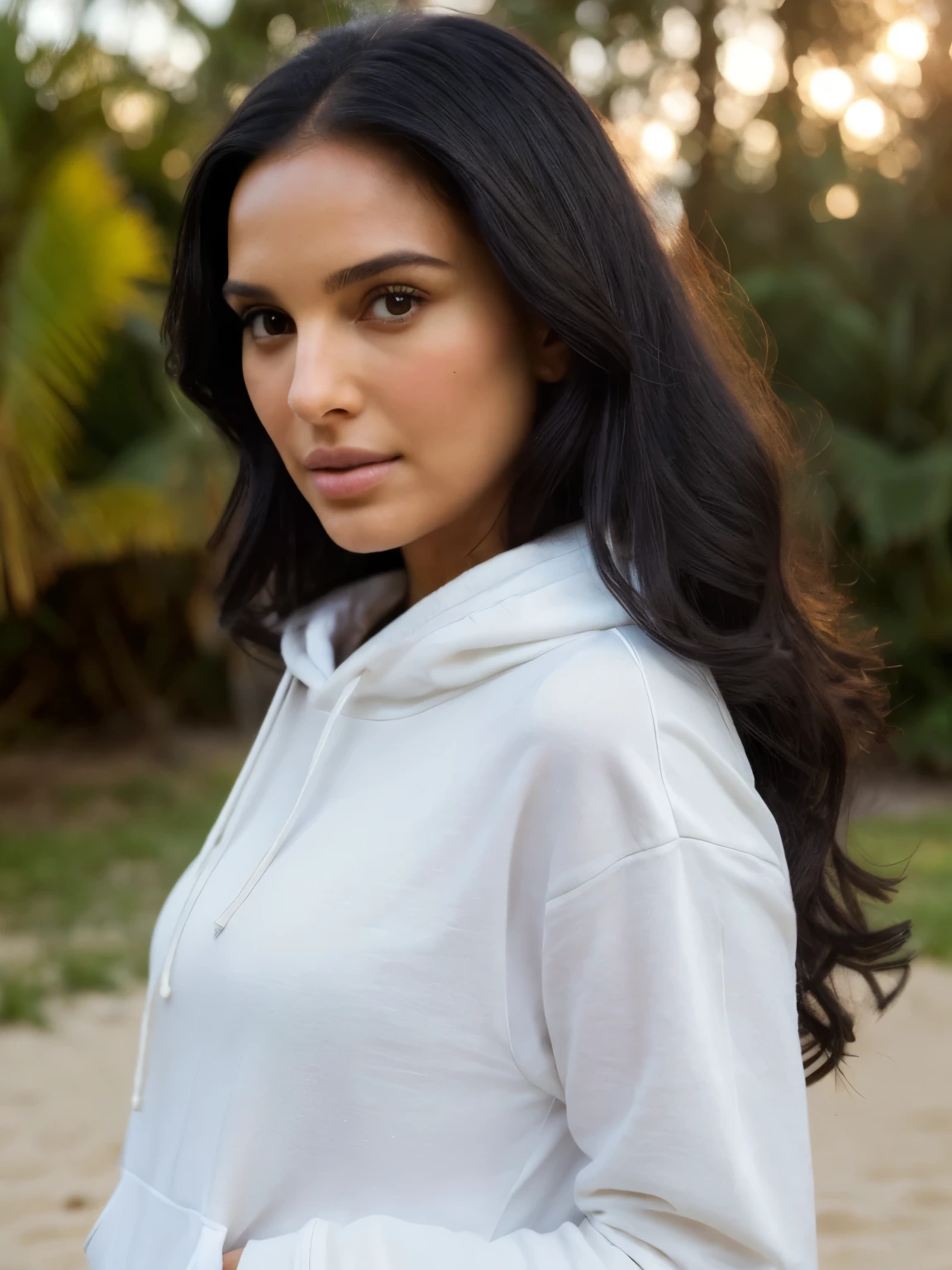1 girl next door with long black hair, Mix out of 50% Natalie Portman and 50% Kim Kardashian, 172cm height, 68kg weight, soft curly intense long black hair, clear green eyes, long dark black lashes, perfectly shaped dark black eyebrows, dark caramel tanned skin, slim and well-defined body, curvy body, elegant thin nose, small ears, full lips, white teeth, small soft ladylike hands, painted fingernails, wearing a long black hoody and long black jeans, high resolution, masterpiece, best quality, intricate high detail, highly detailed, sharp focus, detailed skin, realistic skin texture, real skin texture, realistic texture, professional, real life, ultra-realistic, photorealism, photography, realistic photography, UHD, photo RAW, at the beachparty, full body photography, colorful photo