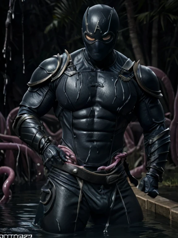 masked, Superhero, hero, strong and robust male, Armor, Tentacle entanglement, uniform, Binding hands togethe, Foreign object invasion, monster breeding, wet, slime, tentacles, slimy tentacles, monster and human breeding(best quality,4k,8k,highres,masterpiece:1.2),ultra-detailed,(realistic,photorealistic,photo-realistic:1.37)