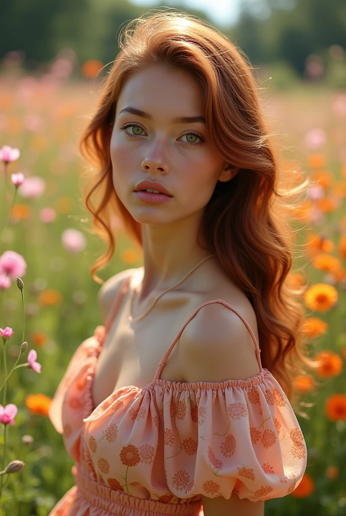 an 18 year old, brown skin, waist length hair, wavy auburn reddish hair, medium brown eyes slightly large, no freckles, wearing a beautiful dress, on a flower field