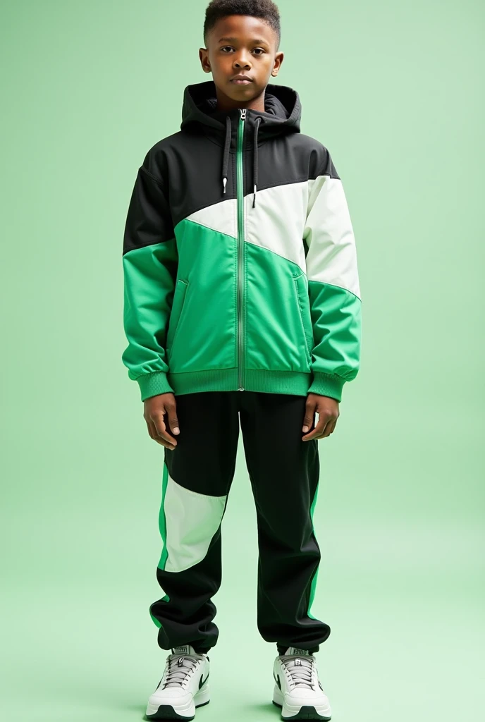 Create a tracksuit in green, white and black, that has a youthful design