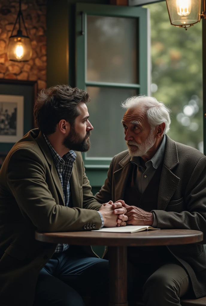 The same man sitting with elderly man for advice
