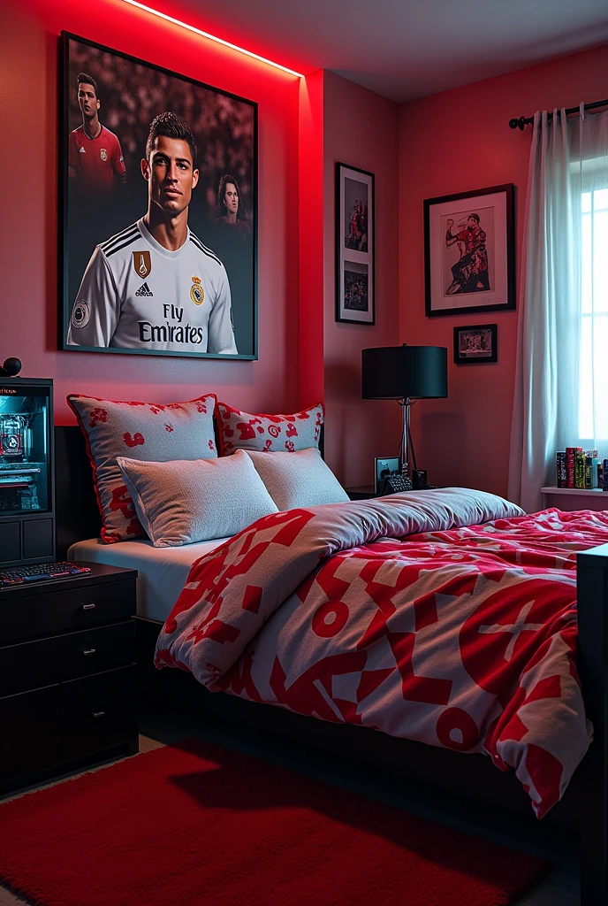 Bedroom with cristiano ronaldo dos santos averio posters on wall and bedsheet of ronaldo pics.room has gaming setup of ronaldo poster and theme.