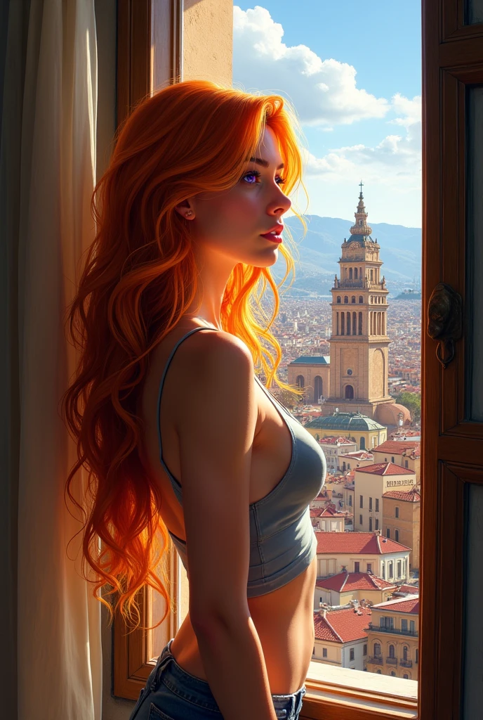 A young naked Spanish girl looking out a window from behind with long hair and a tank top, looking out the window at colorful Cordoba city buildings in what appears to be a lively urban environment. masterpiece, best quality, 1 girl, purple eyes, orange hair. hyper realistic style, natural, nude.