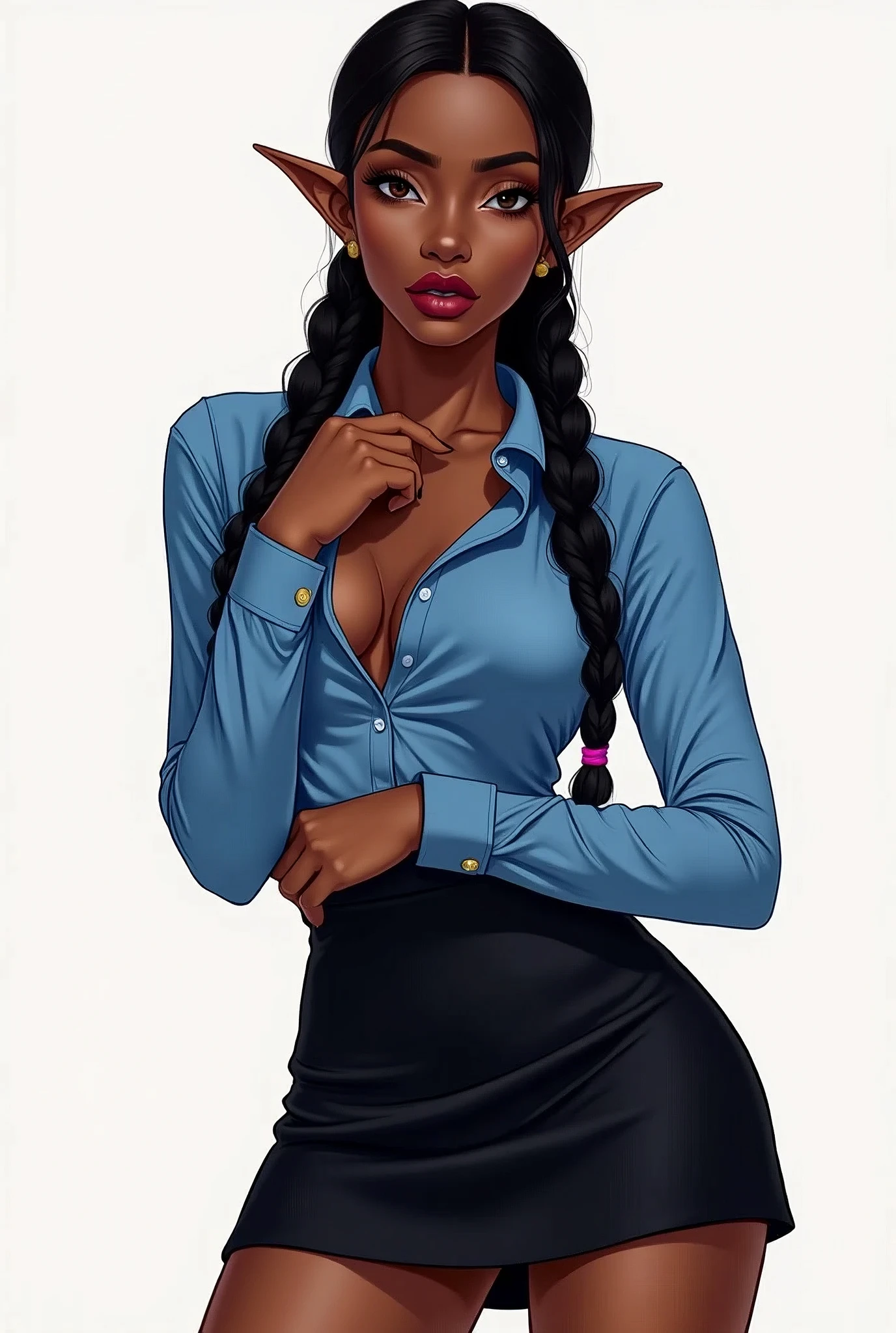 Clipart of dark woman's corporate dressing. Blue shirt and decent black skirt in braids, elf ears, cleavage, thigh, short skirt, sexy