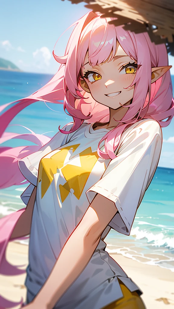 Girl、Long Hair Pink、Twin Drill, Bangs divided into left and right:1.5、Yellow Eyes、Pointy Ears、Grin、White T-shirt with ethnic pattern、White shorts、Beach Scenery、Soft lighting、Summer mood、Upper body close-up