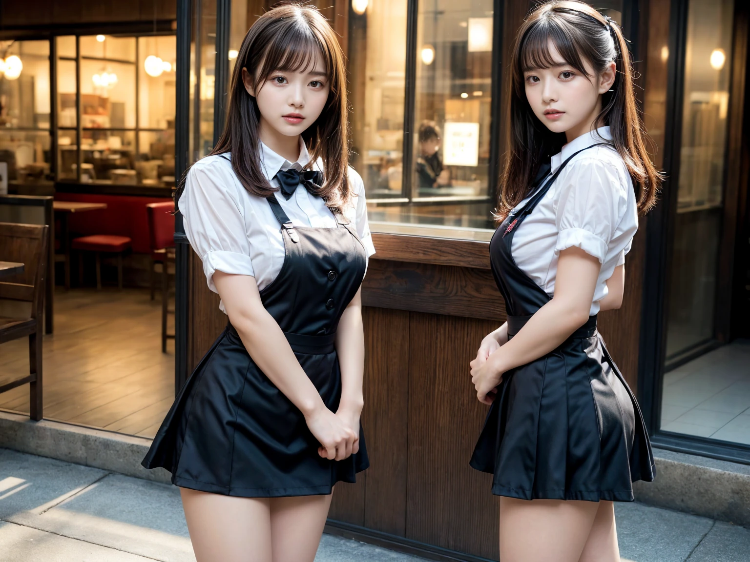masterpiece, best quality, illustration, Super detailed, fine details, High resolution, 8K,wall paper, perfect dynamic composition,(Details High quality, realistic depiction of eyes:1.3), (2 girls), standing,waitress uniform, restaurant, huge breasts, short bob hair、black hair color, Big Natural Color Lip, (perfect body shape), crying a little、cold gaze, Harajuku style、20 year old girl、cute type、lolita、beautiful legs, focus on crotch, full body photo, gravure idol