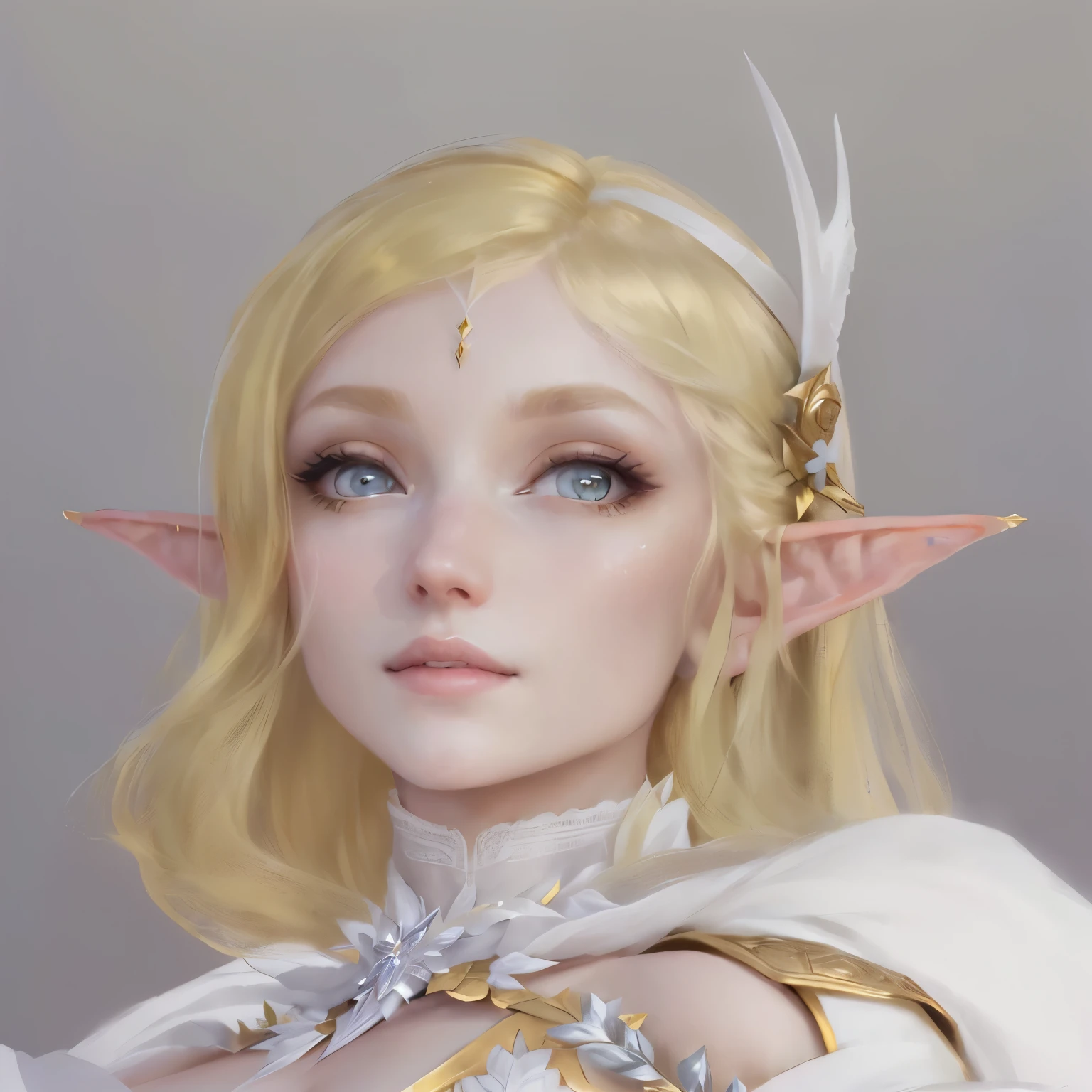 A close-up of a woman wearing a white dress and a yellow dress., Ultra-detailed fantasy characters, Elf Princess, She has elven ears and golden eyes, Elf Girl, elven character with smirk, Elf portrait, a Elf portrait, portrait of an Elf Queen, Female Elf, Elf Princess, (((gone crazy))) Elf Princess, Elf Queen