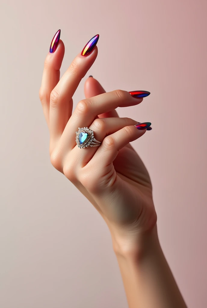 An image of nails painted in different colors , a delicate hand with a diamond ring.that the nail style is long and fashionable