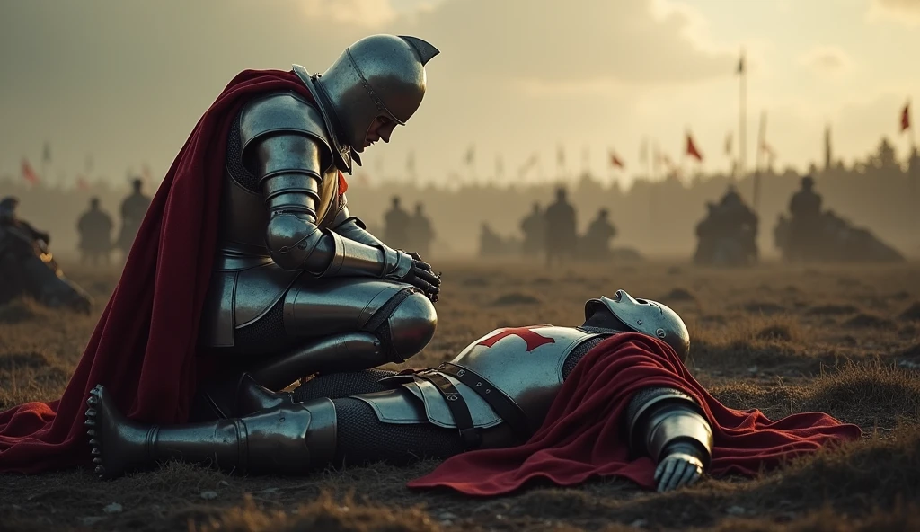 A highly realistic, high-contrast, 8K HD, detailed, hyper-detailed scene where the knight from the provided image, wearing steel armor with a red cross on his tunic, is kneeling beside a fallen comrade on the battlefield. The atmosphere is somber and filled with the weight of loss, as the knight shows respect and sorrow for his fallen companion. The battlefield around them is chaotic, with the aftermath of battle visible in the background. The dramatic lighting highlights the detailed armor and the raw emotion of the moment. The image is of the highest quality, with ultra-high resolution, RAW photo quality, and Unreal Engine rendering, capturing the deep bond and sacrifice of these warriors.

