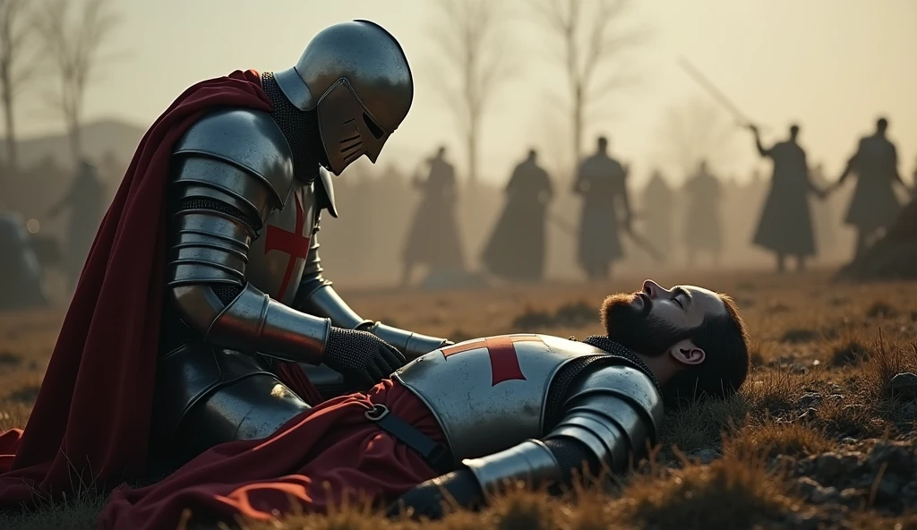 A highly realistic, high-contrast, 8K HD, detailed, hyper-detailed scene where the knight from the provided image, wearing steel armor with a red cross on his tunic, is kneeling beside a fallen comrade on the battlefield. The atmosphere is somber and filled with the weight of loss, as the knight shows respect and sorrow for his fallen companion. The battlefield around them is chaotic, with the aftermath of battle visible in the background. The dramatic lighting highlights the detailed armor and the raw emotion of the moment. The image is of the highest quality, with ultra-high resolution, RAW photo quality, and Unreal Engine rendering, capturing the deep bond and sacrifice of these warriors.
