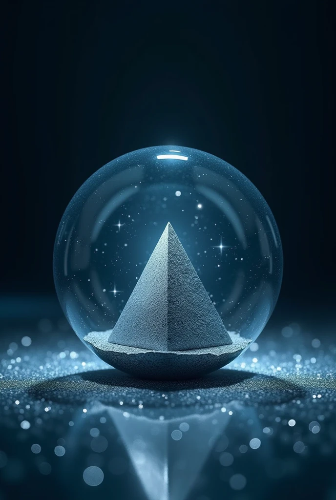 A photography of glass ball with piramid inside glass ball. The background is blue black with shine and sparkle effect.