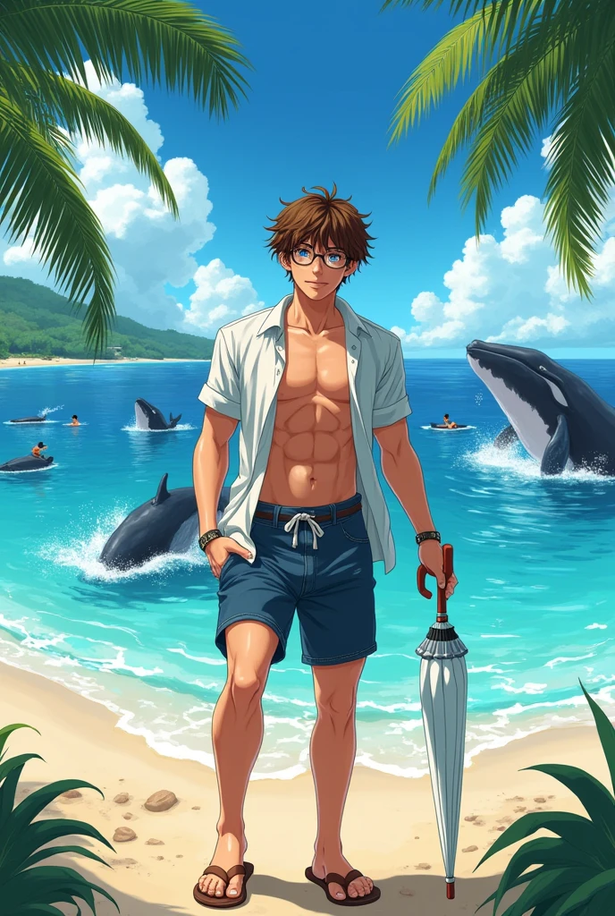 This image needs to be an anime of a tanned ager with a muscular body, Green eyes wearing glasses. He has brown hair, he is all sweaty with his shirt ripped revealing his whole chest. He is wearing swim shorts and flip-flops, holding an umbrella in his right hand. He is on a beautiful beach with palm trees, a beautiful sea in the background and a blue sky. There are some whales jumping in the sea and some men playing in the water