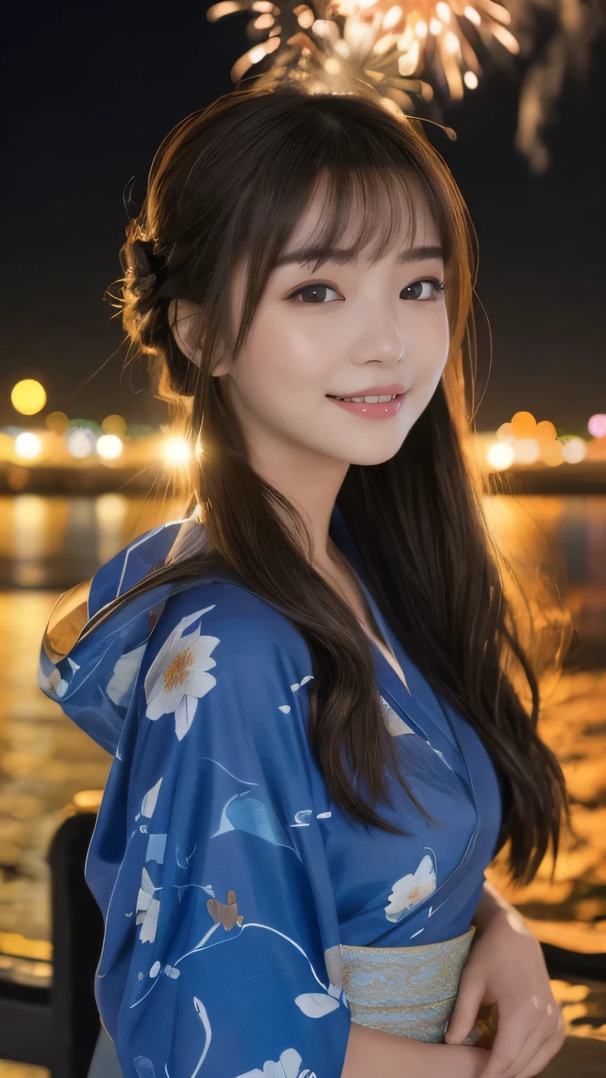 (「alone」Detailed and realistic portrait of a beautiful young Asian woman。She has long light brown hair and big light brown eyes..。)under the night sky、Put your hair up、A beautiful woman elegantly dressed in a vibrant yukata、The light from the fireworks gently lit up her face..、Enhances your attractive smile。The background exudes a tranquil atmosphere of a summer night..、I can hear the sound of fireworks from afar。