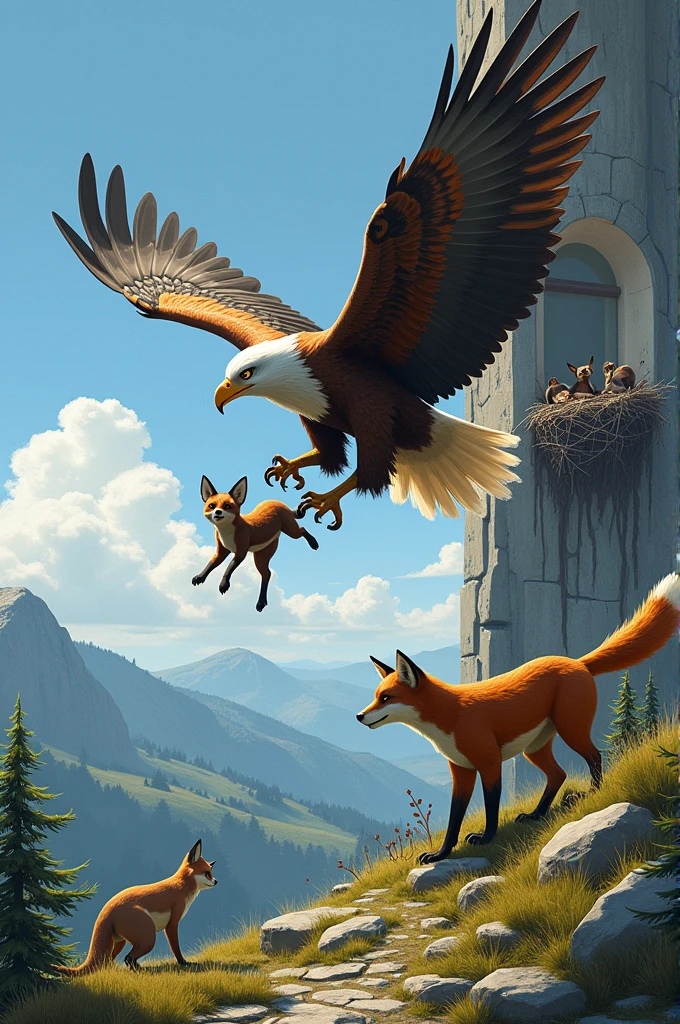 Eagle picked up one of the fox's cubs, took it to her nest, and ate it along with her chicks