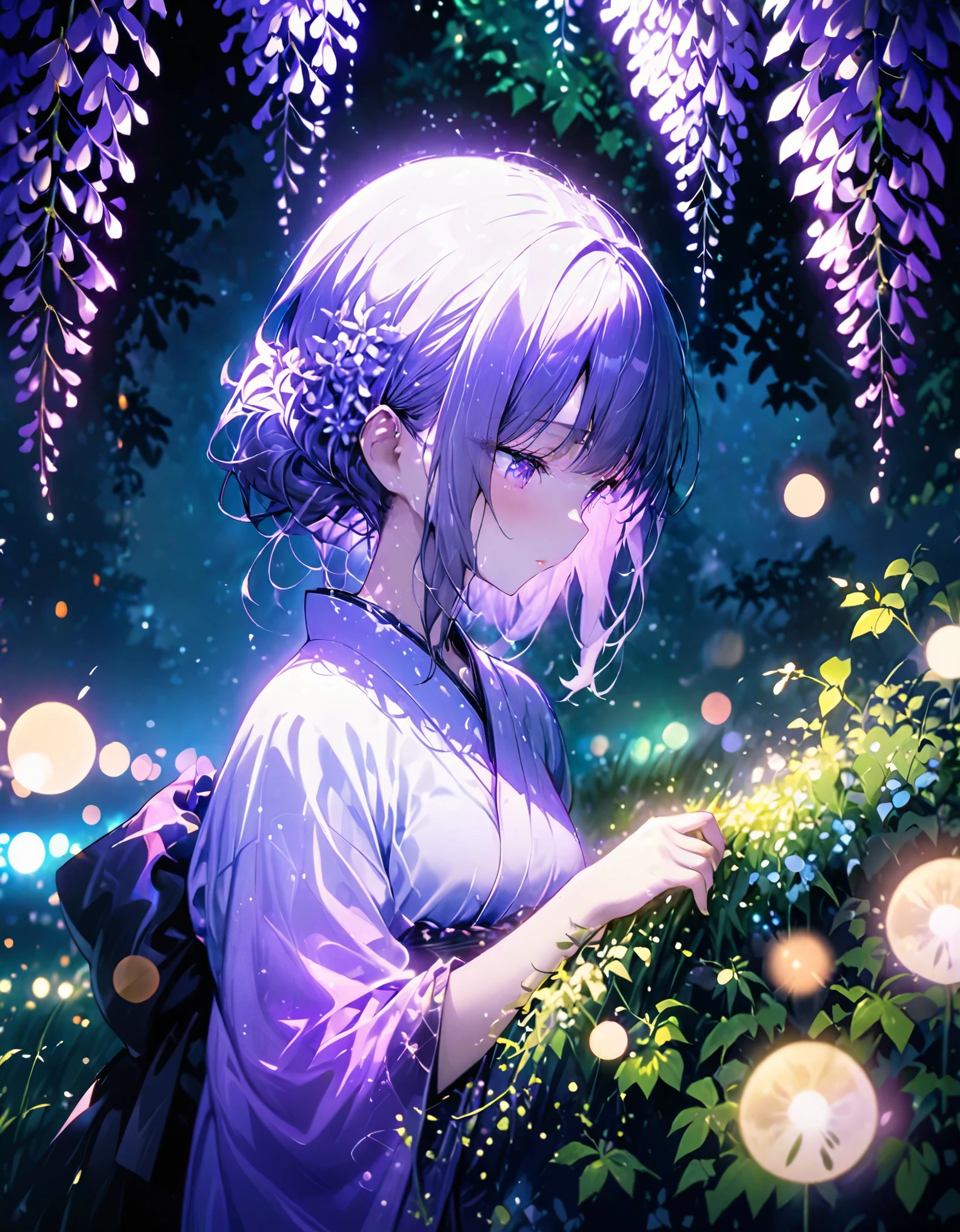 16K、8k、32K、朧月、Woman wearing purple kimono、Looking Down、Wisteria flower、Green grass、night、moonlight、masterpiece, best quality, extremely detailed CG unity 8k wallpaper, bokeh photography, (soft focus):1.2, out-of-focus highlights, dreamy ambiance, glowing circles, mesmerizing depth, Depth of written boundary