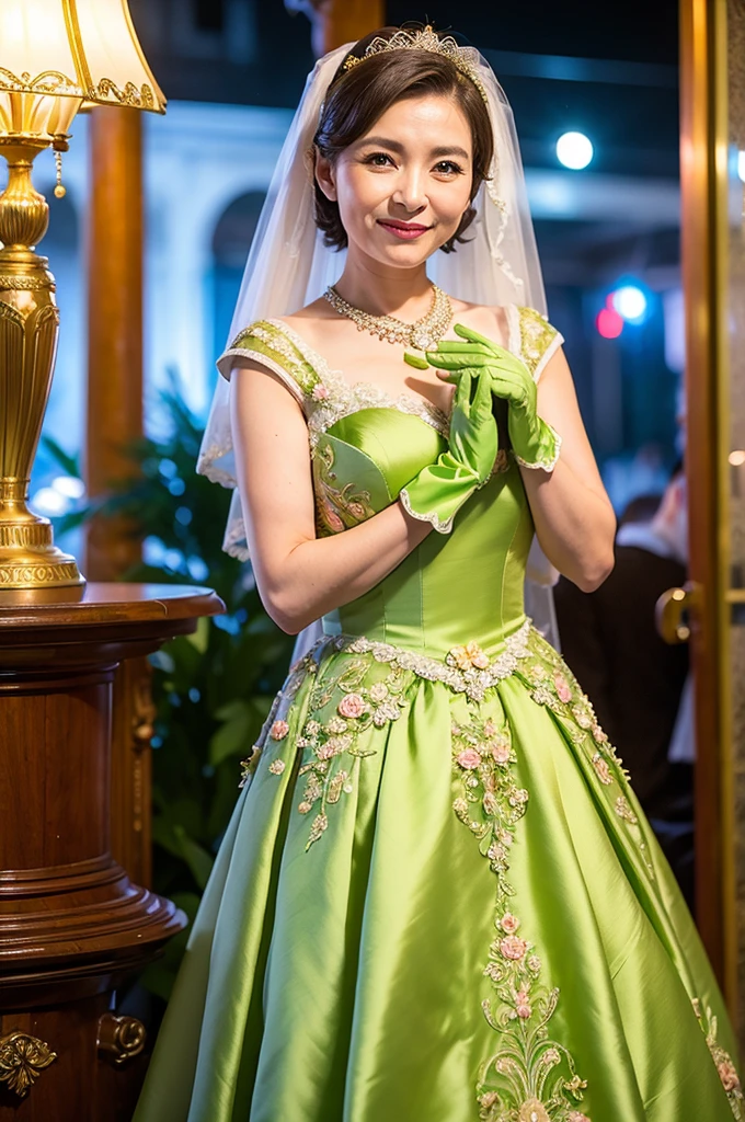((Masterpiece)), ((Best Quality)), A middle-aged short-hair woman, ((She is wearing an ornamental light green satin wedding dress)), She is wearing gloves on her hands., outdoor,