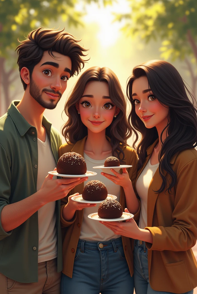Create three engineering students, a white man with a beard, a short brunette with medium hair and a tall brunette with long hair, the three holding brigadeiros, the 3 are approximately 19 years old
