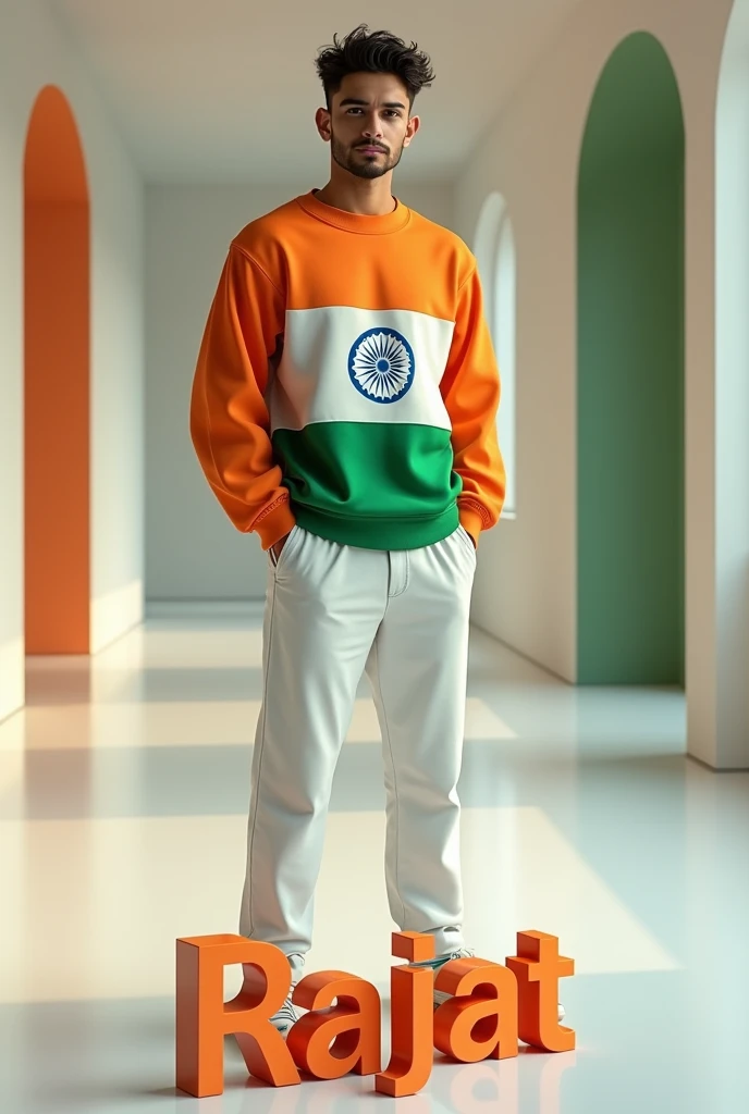 create a 3d realistic image of a 25 boy wearing clothes of Indian flag and he is posing and his rajat name is clearly written in bold letters on the white glossy floor below, and the background view is blurred with the colors of Indian flag, make sure the name should be visible and correct. Create high quality images.