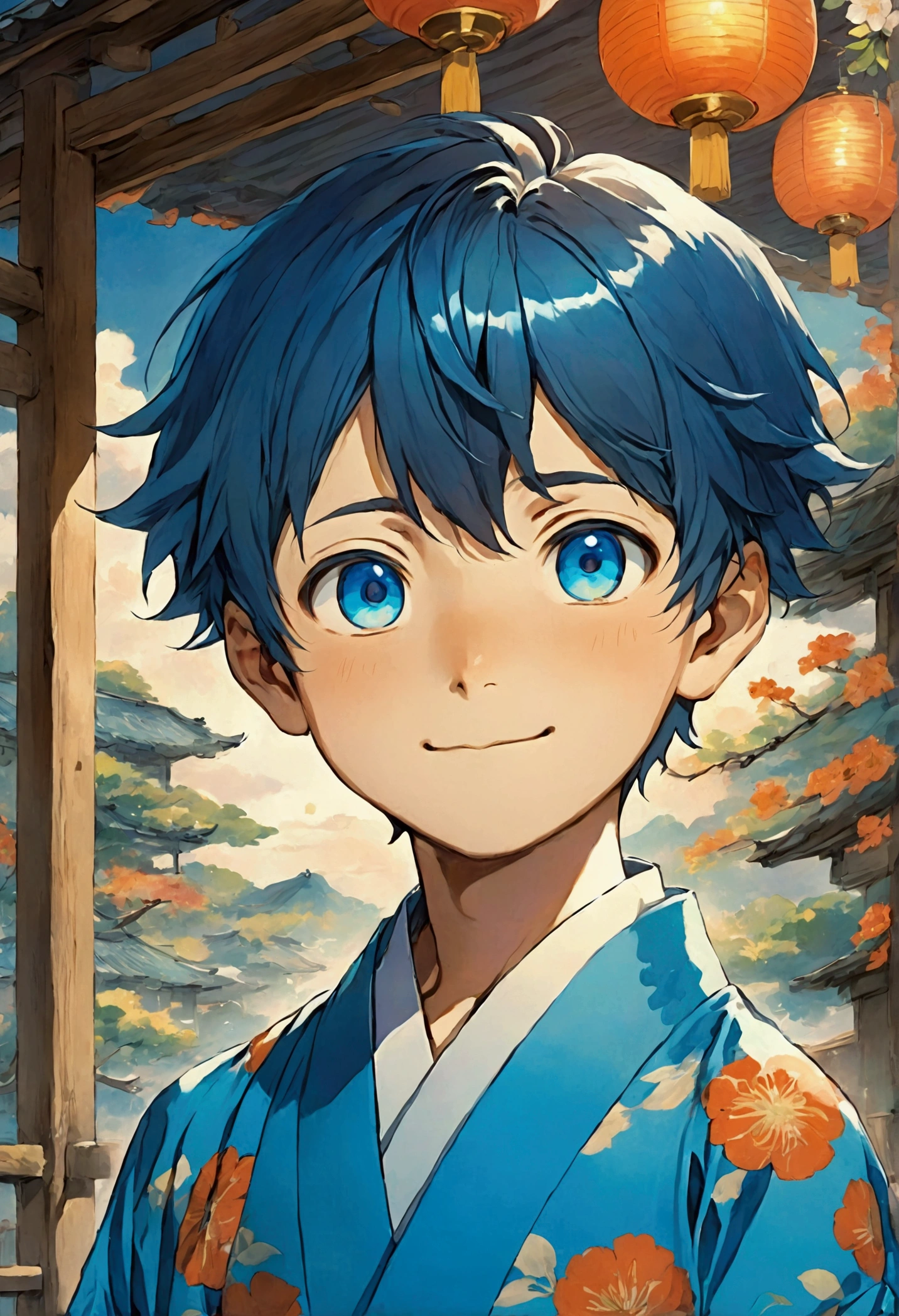 A 10-year-old cheerful and mischievous anime boy with blue kimono, short long hair and bright blue eyes.