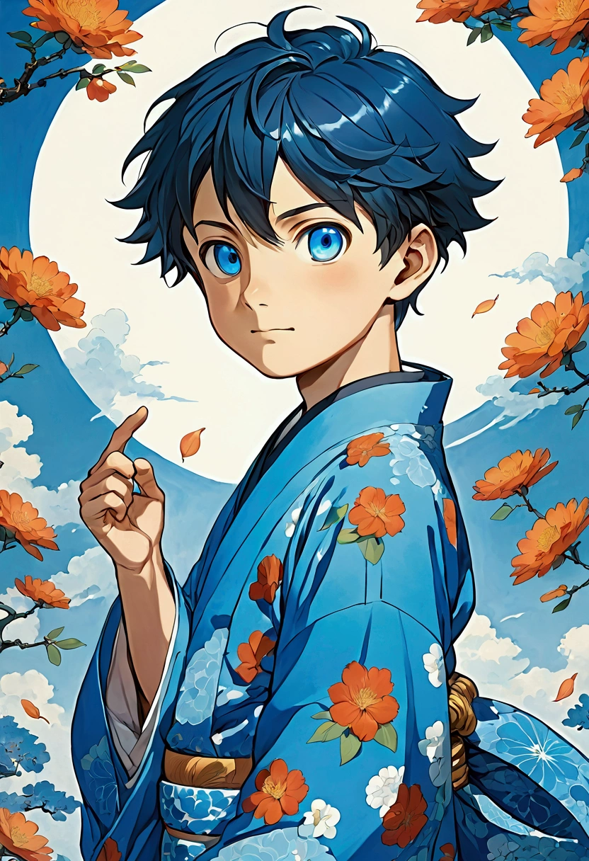 A 10-year-old cheerful and mischievous anime boy with blue kimono, short long hair and bright blue eyes.
