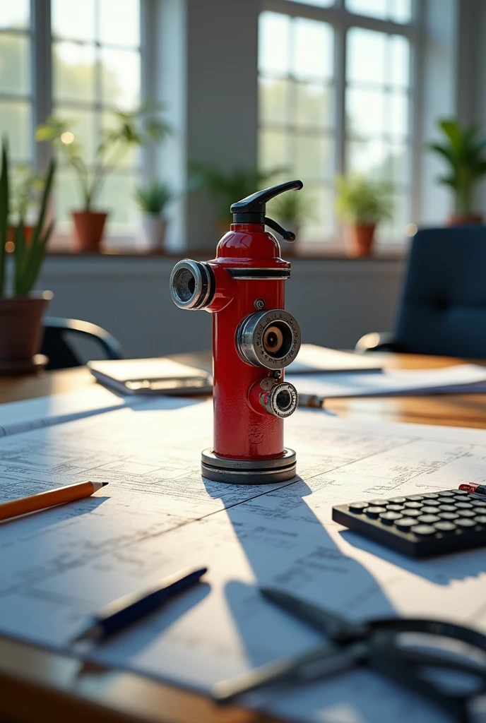 large office table, an open engineering project on the table, on the table you can see a pencil, a pen, a compass, a calculator, and a scalemeter, the background is an engineering office, clear clean and organized, light of the sun coming through the window. Prominent on the table is a firefighting nozzle from the fire department with smoke marks and fire burns.
