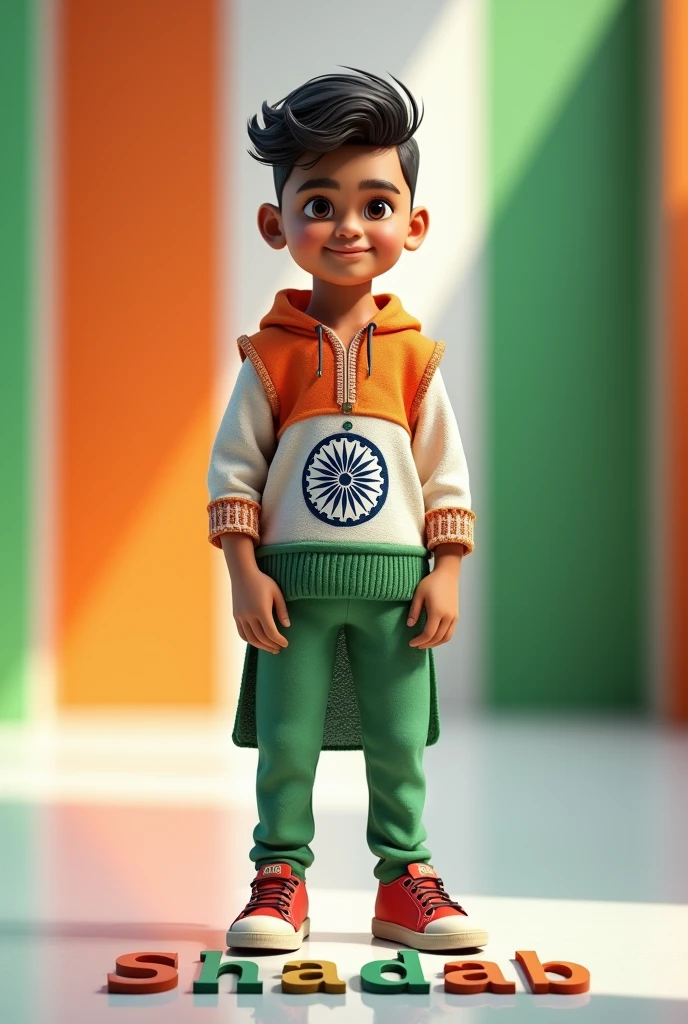 create a 3d realistic image of a age 28 boy wearing clothes of Indian flag and he is posing and his 𝕾𝖍𝖆𝖉𝖆𝖇 name is clearly written in bold letters on the white glossy floor below, and the background view is blurred with the colors of Indian flag, make sure  the name should be visible and correct.  Create high quality images.