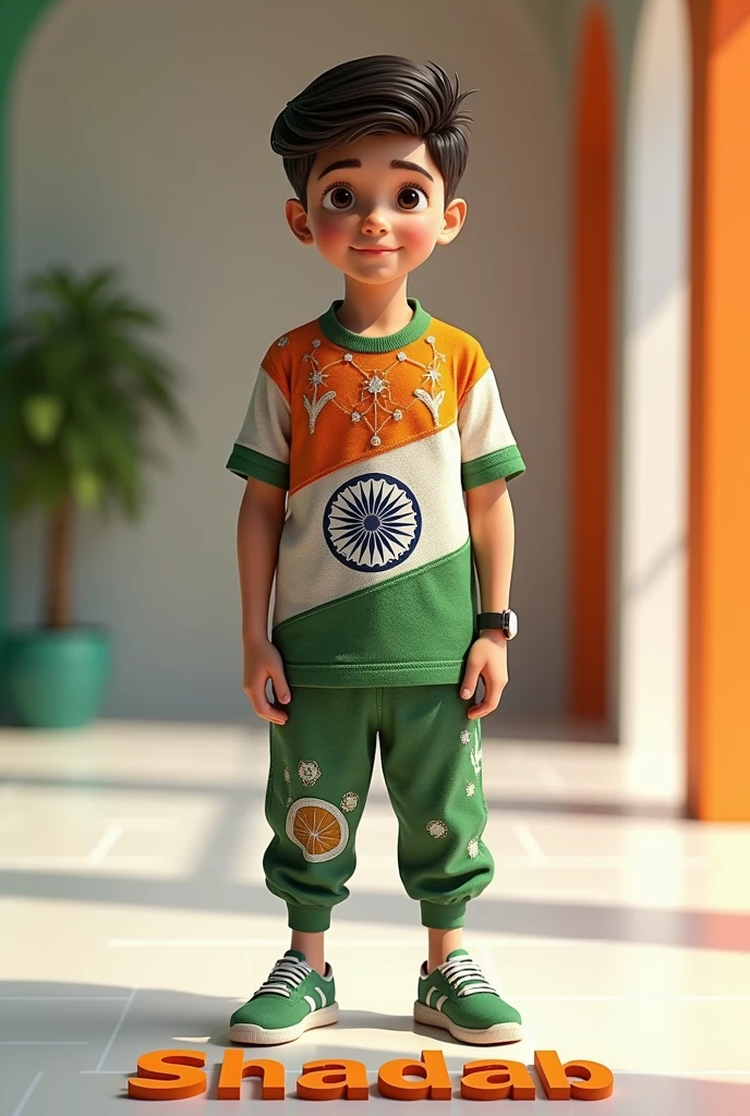 create a 3d realistic image of a age 28 boy wearing clothes of Indian flag and he is posing and his 𝕾𝖍𝖆𝖉𝖆𝖇 name is clearly written in bold letters on the white glossy floor below, and the background view is blurred with the colors of Indian flag, make sure the name should be visible and correct. Create high quality images.