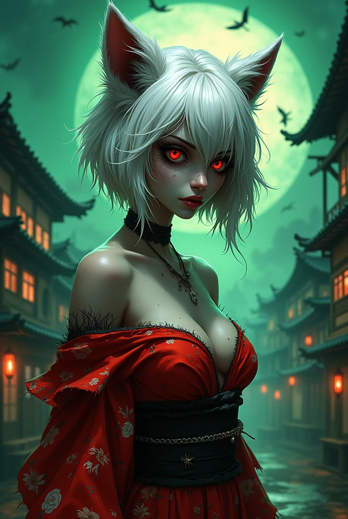 splash art, a quirky liquid portrait of a hauntingly beautiful dark werewolf woman, splash style of paint, Pixar style, Halloween colors, hyper detailed intricately detailed, fantastical, intricate detail, splash screen, liquid, gooey, slime, splashy, fantasy, concept art, 8k resolution, masterpiece, melting, complex background, intricate detailed, dark colors, fantasy, concept art, digital art, intricate, oil on canvas, masterpiece, expert, insanely detailed, 4k resolution. women with short and long white hair, attractive beauty,
works by Greg Rutkowski, elegance, dynamic lighting, spectacular lighting, high detail,
digital coloring, 8k, erotica with a clear focus, big tits, porn models, stripper, full face,
without underwear, full height, various hairstyles, bust, Phosphorus, Bright colors, Micro Bikinis,
Thongs, Futurism, Hisako,grey skin,long hair,hair over one eye,black sclera,white pupils,
looking at viewer,scars,
red kimono with floral print,off shoulder,torn clothes,solo,
(sagging breasts:1.2),from below,
green aura,japanese village,night sky,leaning forward,
standing,
