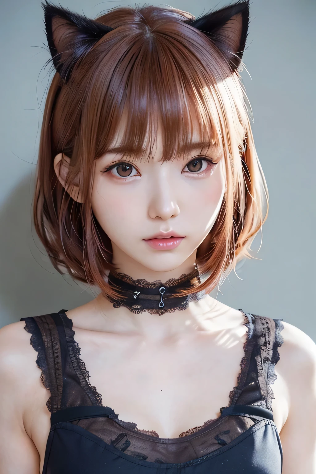 8k、Highest quality、masterpiece、(Face Shot)、(Chiaroscuro:1.3)、solo、、(Round face with baby face)、()、(slim、Flat Body:1.23)、A lovely and sweet Chinese woman, Delicate and sexy collarbone, Attractive goose face, double eyelid, Clever pink eyes, Pink Lips, small, upturned nose, , Concentrated face, , Ultra HD, Super Detail, , Ultra-thin transparency, Pink Hair、Optimal ratio、, Cat ear、Cat whiskers