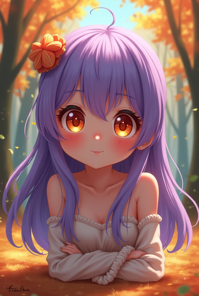 anime,small stature, , by the wide, purple hair, orange eyes, autumn forest background