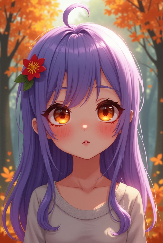 anime,small stature, , by the wide, purple hair, orange eyes, autumn forest background