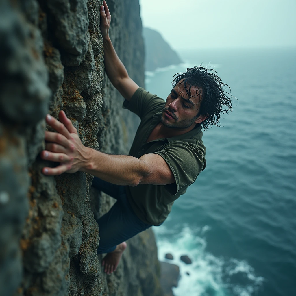 Holding on to the edge of a cliff with one hand