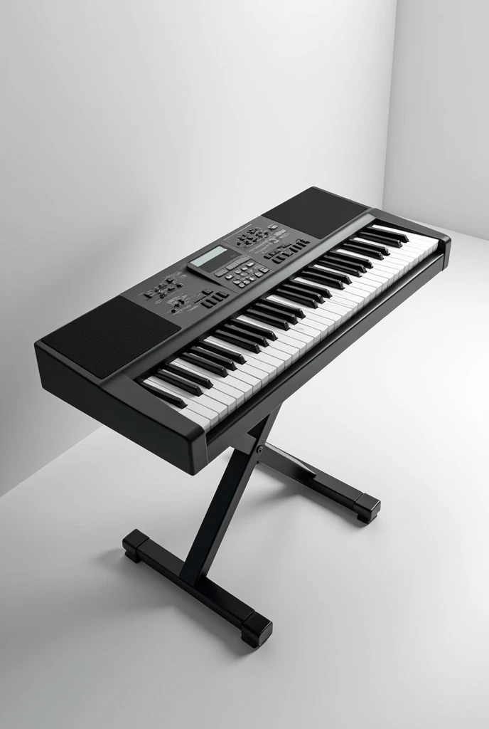 a keyboard on a keyboard stand, as if a person is looking down from above