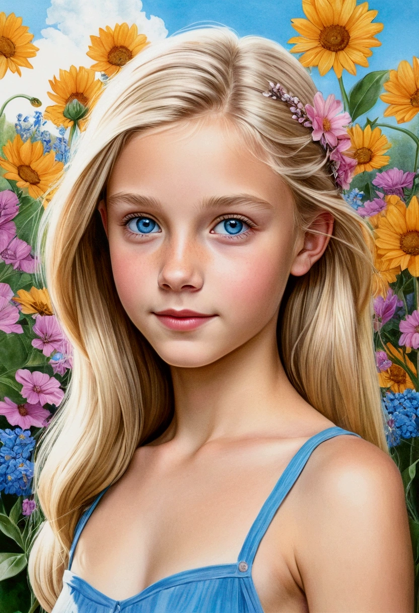 stunning cute, (),, prideful, hair blonde, blue color eyes, skinny, small breast, (An illustrated movie poster), (hand-drawn), full color, graphite shading, (airbrushed acrylic paint), masterpiece, naked, flower garden in the background, northern summer lighting,