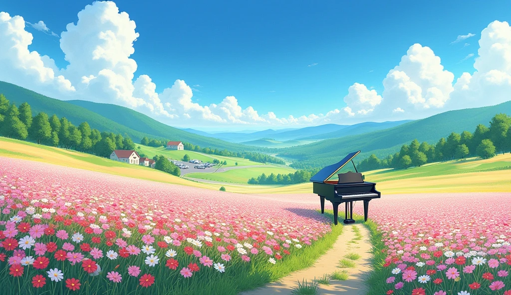 「Beneath a blue sky and white clouds、Wideがる花畑の風景。丘陵地帯にWideがるピンクや白、Red cosmos blossoms in abundance、A lush green forest is visible in the far distance。A path winds through the flower field、In the distance, buildings and a parking lot can be seen。The overall scenery is bright and cheerful、Wide々A summer day landscape that evokes a sense of peace and tranquility。A black grand piano is placed in a field of flowers。Realistic watercolor painting