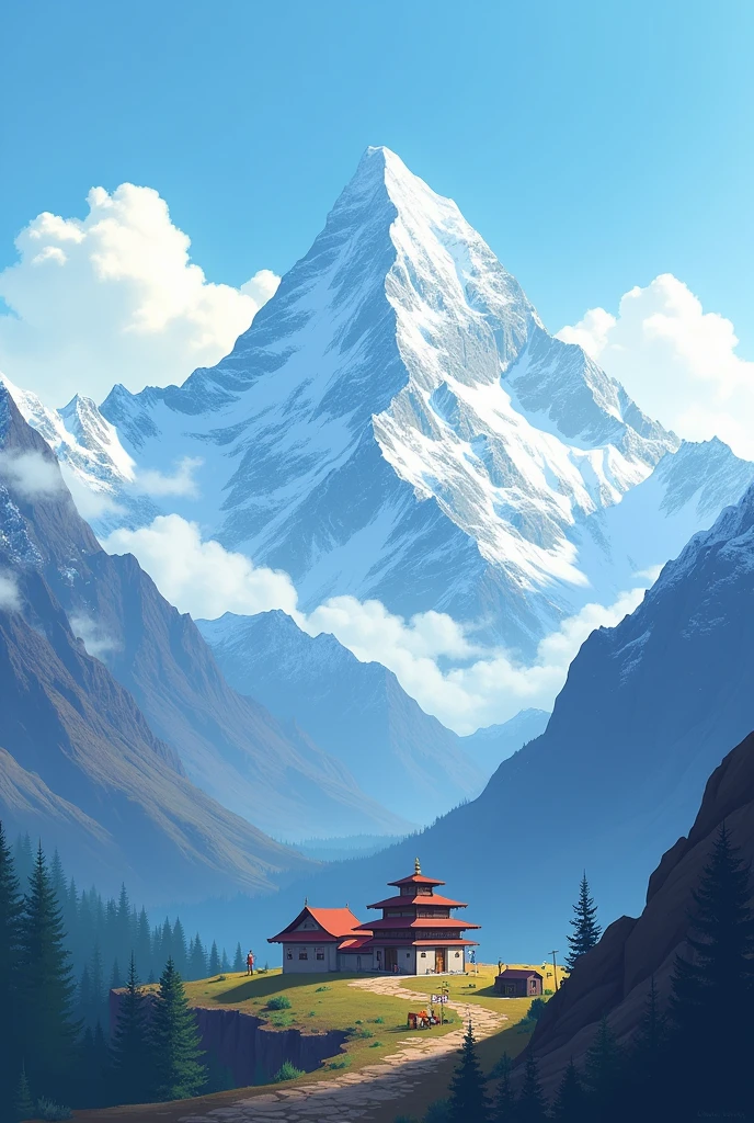a scenery where a mount everest along with other himalayas with 1 or 2 houses far and some different religon nepalise people make it simple and easy to draw