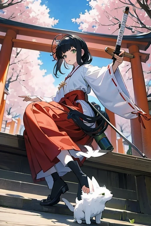 Highest quality, Very detailed,masterpiece,anime, Ultra-high resolution,If you look closely at the eyes, Best illustrations, A very condensed individual, (Very delicate and cute face)、Shrine maiden,Black Hair,Medium Hair,beautiful girl,Japanese、Green Eyes、伝統的なShrine maiden服、black tights、Black long-sleeved shirt、boots、No background、Full body portrait、Holding a wooden sword、Character portrait、