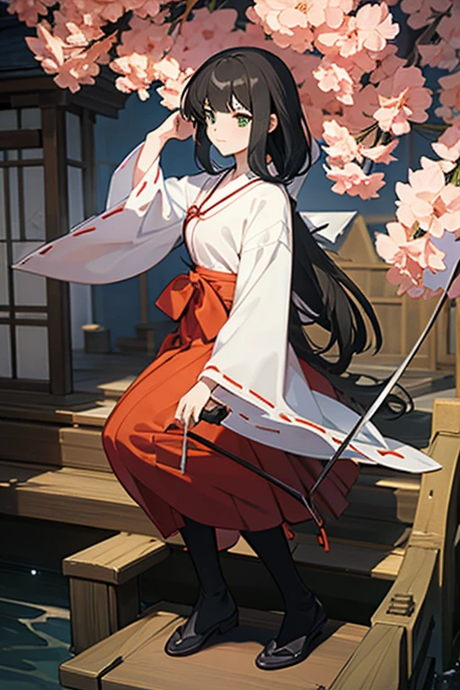 Highest quality, Very detailed,masterpiece,anime, Ultra-high resolution,If you look closely at the eyes, Best illustrations, A very condensed individual, (Very delicate and cute face)、Shrine maiden,Black Hair,Medium Hair,beautiful girl,Japanese、Green Eyes、伝統的なShrine maiden服、black tights、Black long-sleeved shirt、boots、No background、Full body portrait、Holding a wooden sword、Character portrait、