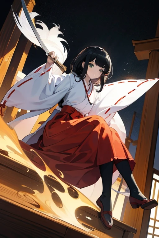 Highest quality, Very detailed,masterpiece,anime, Ultra-high resolution,If you look closely at the eyes, Best illustrations, A very condensed individual, (Very delicate and cute face)、Shrine maiden,Black Hair,Medium Hair,beautiful girl,Japanese、Green Eyes、伝統的なShrine maiden服、black tights、Black long-sleeved shirt、boots、No background、Full body portrait、Holding a wooden sword、Character portrait、