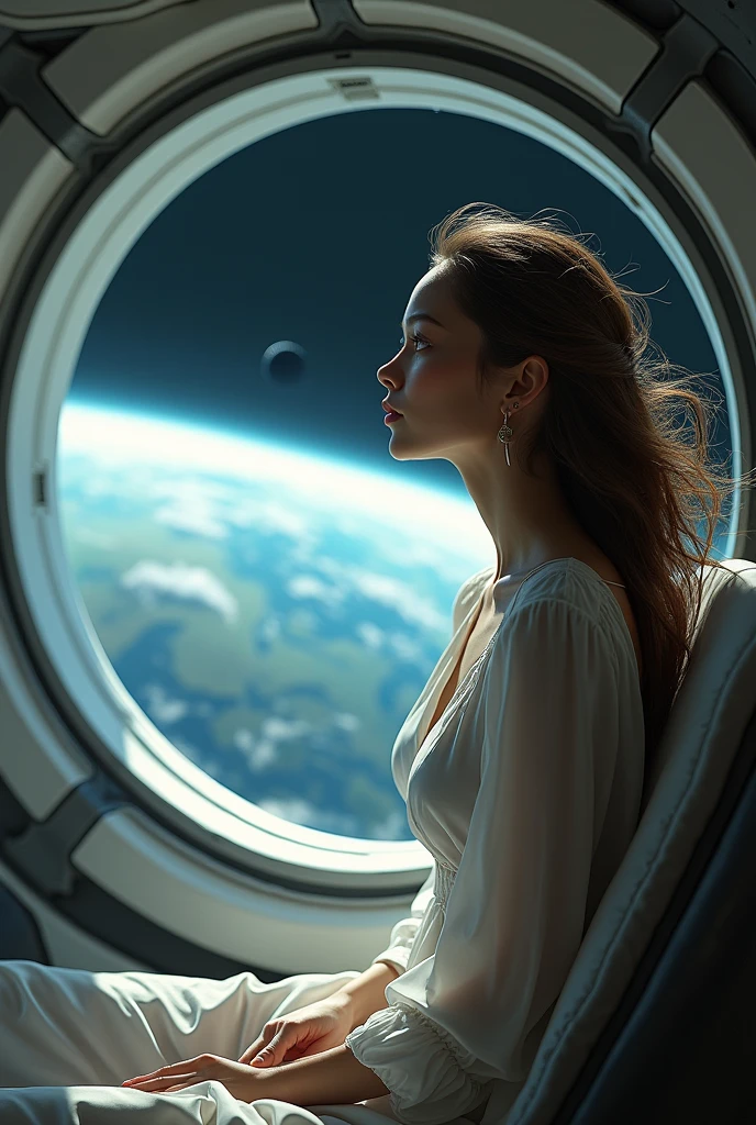 (photorealism:1.2), a beautiful woman, On a spaceship looking back at Earth from afar, thinking when they will return to Earth again. 