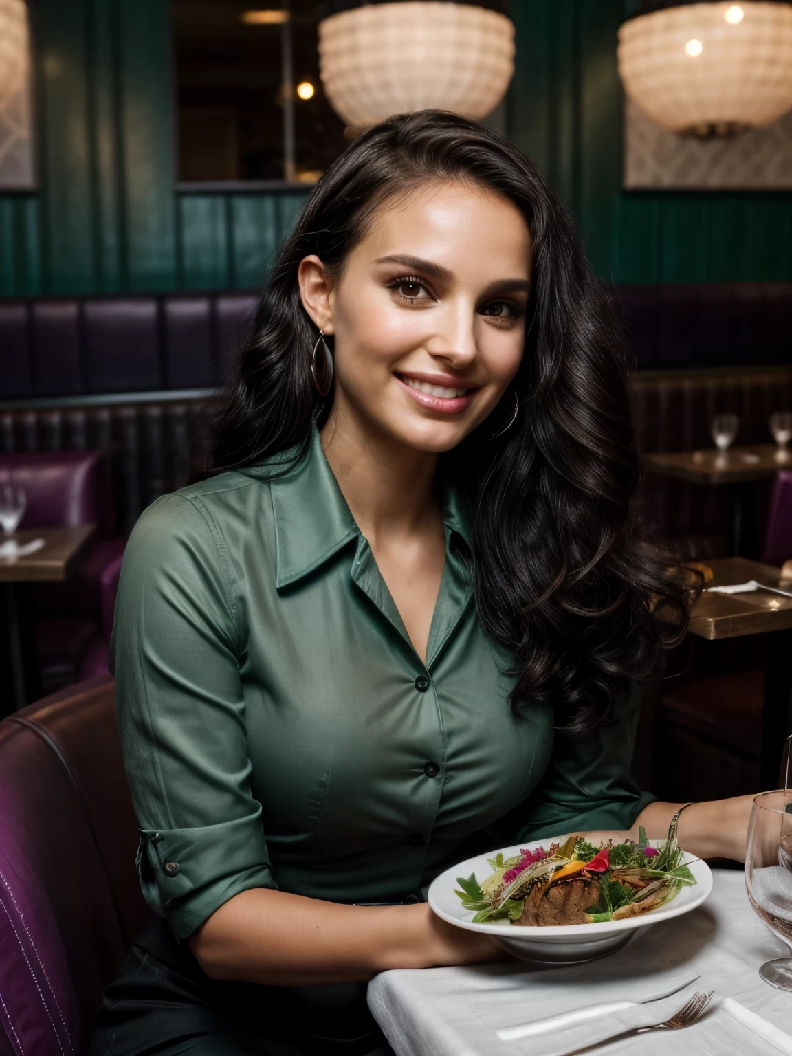 (colorful), high resolution, masterpiece, best quality, intricate high detail, highly detailed, sharp focus, detailed skin, realistic skin texture, real skin texture, realistic texture, professional, real life, ultra-realistic, photorealism, photography, realistic photography, UHD, photo RAW, one girl with black hair, Mix out of 50% Natalie Portman and 50% Kim Kardashian, 172cm height, 68kg weight, ((soft curly intense long black hair)), intense green eyes, long dark black lashes, perfectly shaped dark black eyebrows, dark caramel tanned skin, slim and well-defined body, curvy body, elegant thin nose, small ears, full lips, white teeth, small soft ladylike hands, painted fingernails, (wearing a classy business outfit: 1.5), (((sitting in a modern restaurant, laughing, relaxed mood))), portrait