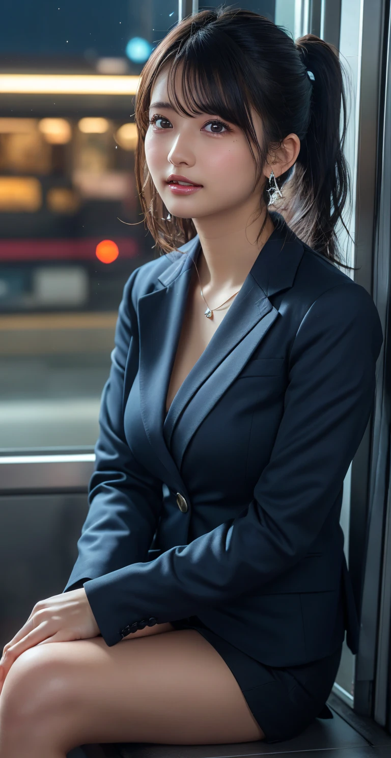((Upper Body))、(masterpiece:1.3), High resolution, Very detailed, Highly detailed CG Unity 8K wallpapers, Realistic, photo-Realistic, RAW Photos, Beautifully detailed face, Pale skin, Realistic glistening skin, Detailed cloth texture, Detailed hair texture, Perfect Style, Beautiful Face, Accurate, Anatomically correct, Very detailed顔と肌の質感, fine grain, Brown eyes, double eyelid, Thin eyebrows, (Droopy eyes:0.65), (Glitter Eyeliner:1.2), Natural Cheeks, Glowing Skin, (Fair skin:1.2), Shiny necklace and earrings, (Glossy Lips: 1.4),
break
(Elegant and cute:1.3), (High ponytail hairstyles, Wavy Hair, Dark brown hair), (Captivating smile:1.2) (Wear an elegant business suit:1.3), (Black Stockings), ((Extremely large breasts over an extremely vulgar face)),
break
((Cowboy Shot:1.2)), (Cross-legged sitting pose:1.4), At the train door, ((Night city view:1.2)),