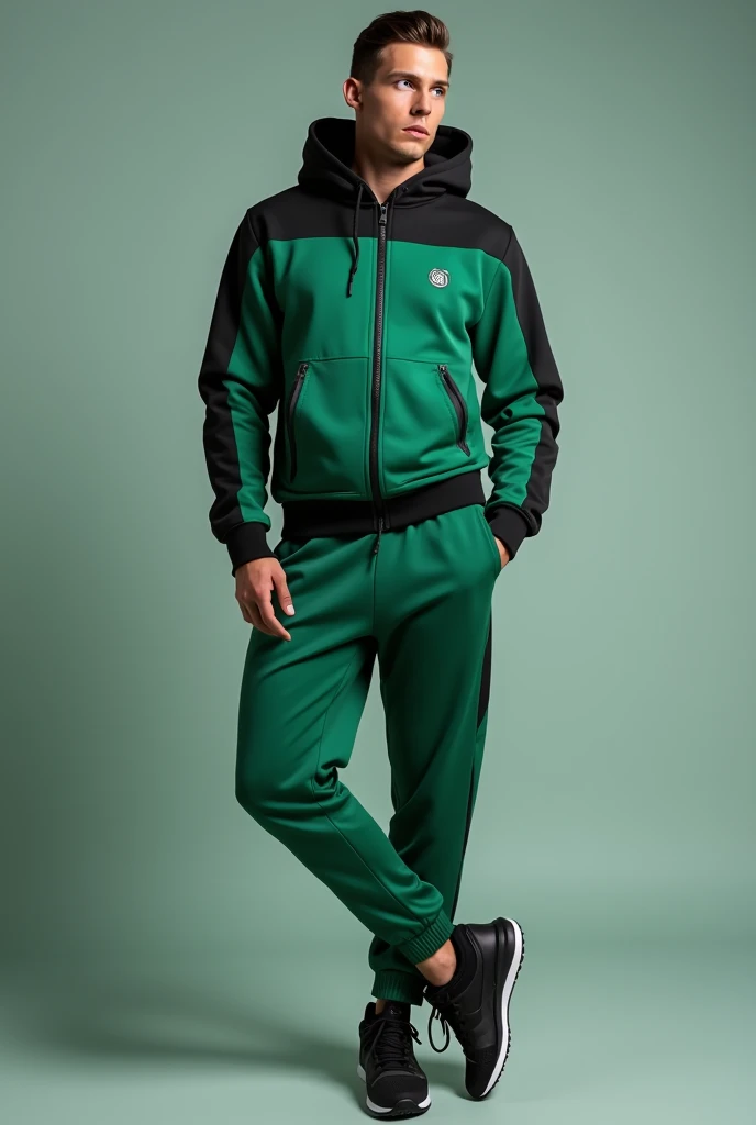 Create a tracksuit in emerald green, lead and black.

