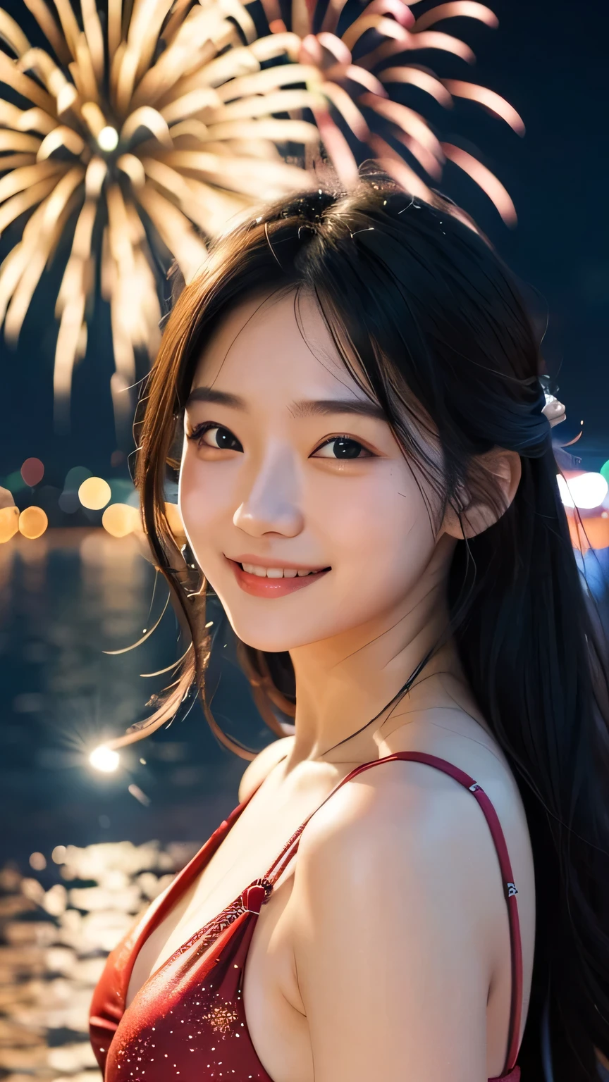 Diffuse lighting、 Highest quality, High resolution, unity 8k wallpaper、Supersaturation, colorful, 8k resolution, 1 female、Japanese、23 years old、Adult、Close-up portrait、Wear a swimsuit、 colorful fireworks burst into the sky. Please show me your best smile、Festival fireworks、The atmosphere was cheerful, With volume light, Soft Light, Aerial fireworks、Japanese Festivals, Highest quality, Written boundary depth, Detailed Background, Beautiful cheeks, Sparkling eyes, And the stars in the night sky々,