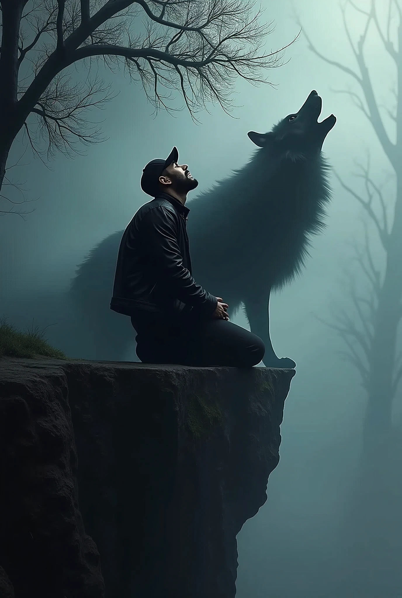 A hyper-realistic 3D-rendered circle logo featuring an Arabic man with a well-groomed beard, dressed in a black leather jacket, black jeans, and a black cap. The man kneels at the edge of a jagged cliff under a dark, starless sky, his head thrown back in a howl. Emerging from his chest is a large black wolf made of smoke, seamlessly blending with the shadows of ancient trees in the background. Thick fog swirls around the scene, and a faint mystical light highlights the intense connection between the man and the wolf. The scene is dramatic, with shadows and ethereal lighting creating a powerful and sleek visual impact. The image is dark and mysterious, with the man's connection to the wolf being the focal point of the image. The wolf is made of smoke and blends seamlessly with the shadows of the trees in the background, adding to the overall mysterious and mystical feel of the image. The man's black clothing and the dark, starless sky add to the dramatic and intense mood of the image.
