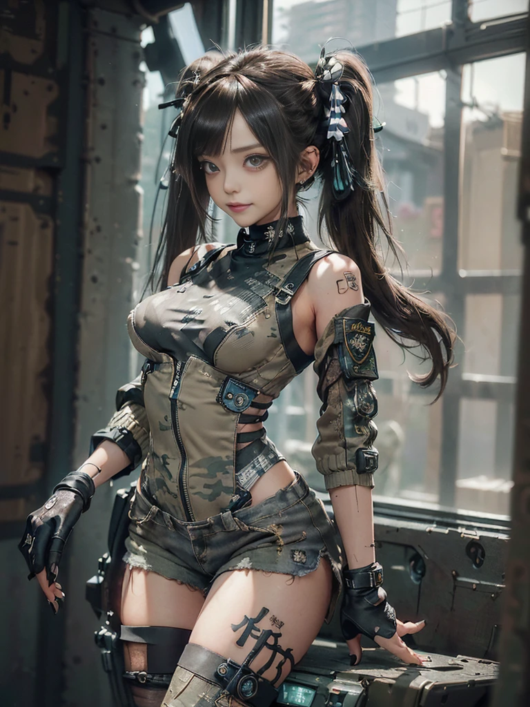 (Full Body View:1.2)、(Side view:1.1)、(Please smile with your teeth showing:1.4),(Shibuya Gal:1.5)、(Goth Style Fashion:1.5)、(Tattered khaki and gray futuristic micro high leg bodysuit:1.5)、(Tattered Khaki and Beige Micro Fancy Sleeves:1.5)、(Tattered khaki micro shorts:1.5)、(Brown and khaki knee socks:1.3)、(camouflage:1.3)、(Military jacket:1.4)、Brown boots、Khaki gloves、internal、(The underwear is striped:1.4)、23 years old、(Posing as a gravure model:1.3)、((Highest quality、8k、masterpiece:1.3))、One person、The beauty of slim abs:1.3、(Hairstyle Casual、Big Tits:1.1)、dress:1.1、Super small face、Narrow eyes、double eyelid、Laughter、Esbian all over body、Dynamic Angle、Close-up、CPL Filter、Blurred Background、Bokeh、Blue Hour、Detailed face and skin texture、Detailed Eyes,(Twin tails:1.3)、(Brown Hair:1.4)、Gravure idol pose、(The background is the cockpit of a futuristic weapon.:1.3)、(The body is slim:1.2),(Slim legs:1.4),(clavicle:1.1)