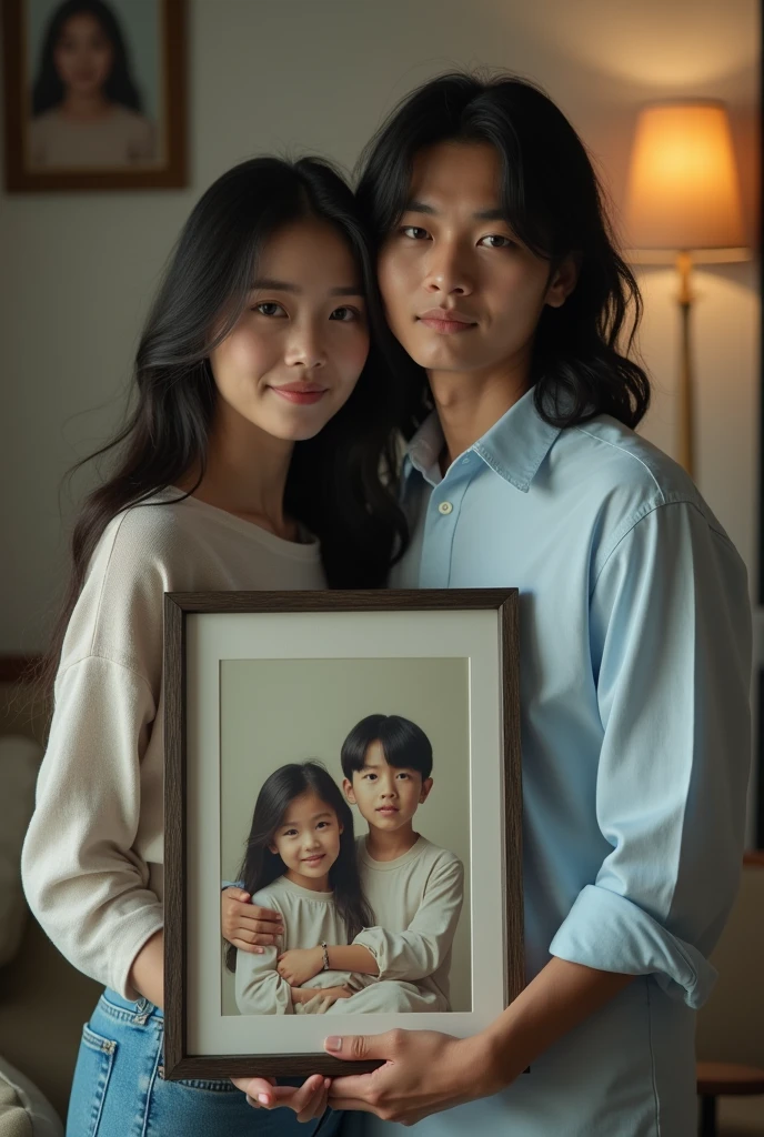 A very detailed image of a beautiful long-haired Korean woman and a young long-haired Indonesian man, both holding one super-large sized photo figure in the family room there is another figure on the wall, ultra-realistic 32k. Soft diffused lighting, cool and natural color palette, great detail.