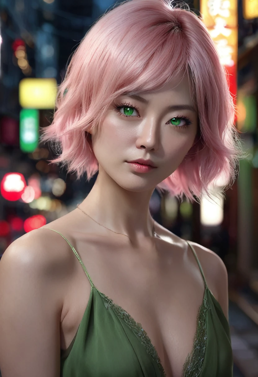 1 woman, she is japonese, inside a city at night, wearing a red dress, feminine light green eyes, clear and detailed skin, small breasts, long short light pink hair, dramatic lighting, cinematic composition, dark palette, dark colors, atmospheric haze, thin chin, soft face, serious face, beautiful woman, very beautiful, adult woman, ultra realistic, adult woman (best quality, 4K, 8K, high resolution, art: 1.2), ultra detailed (realistic, photorealistic, photorealistic: 1.37)