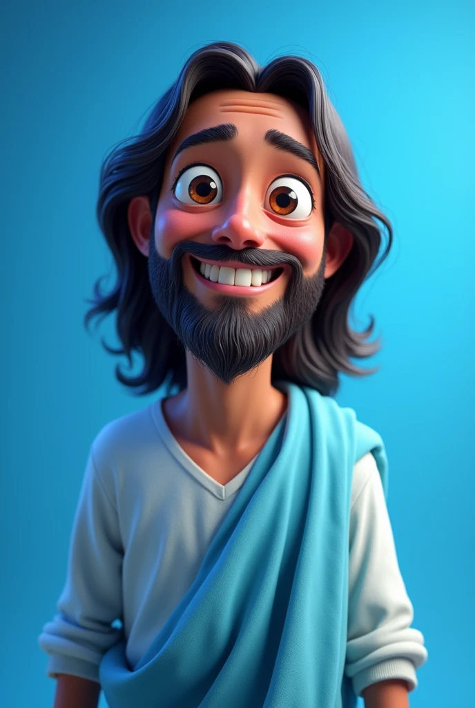 Animated image of Jesus for children in Disney Pixar style with a smile and bright eyes in BLUE COLOR with a simple tunic,