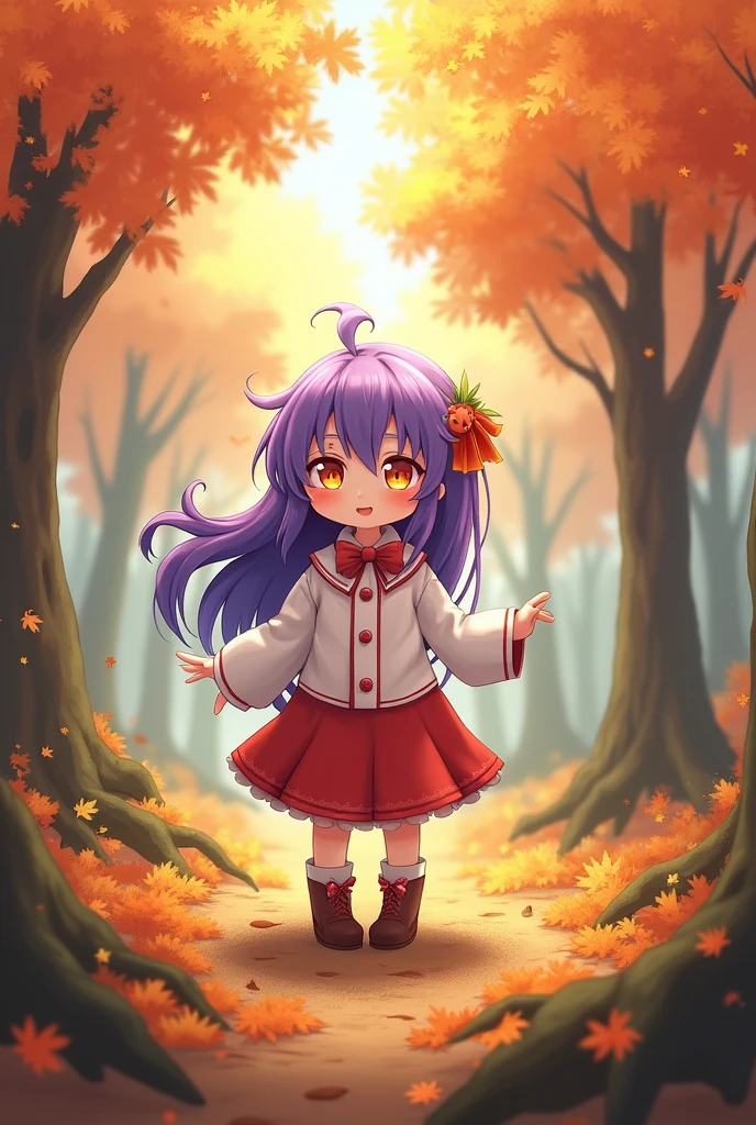 anime,small stature, , by the wide, purple hair, orange eyes,white and red clothes, autumn forest background